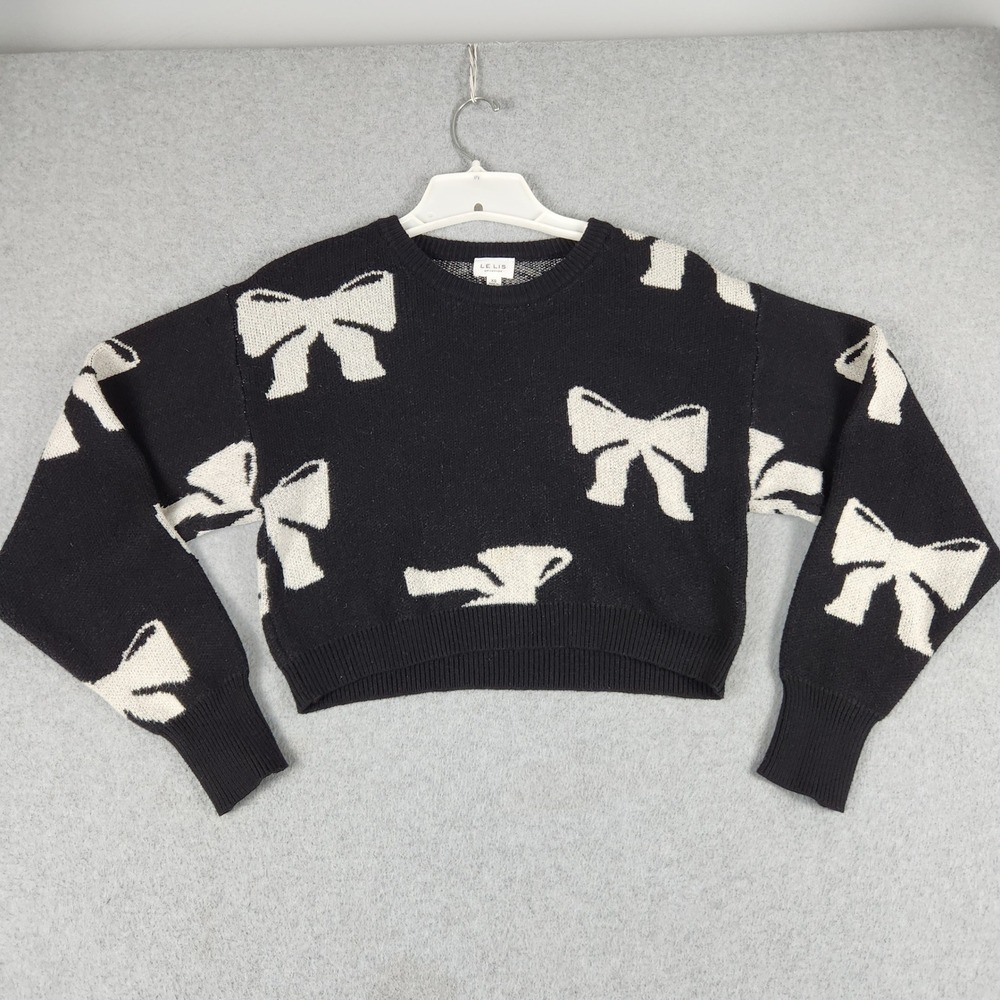 Le Lis Cropped Sweater Womens XS Black Bows Print Tight Knit Rayon Crew Neck